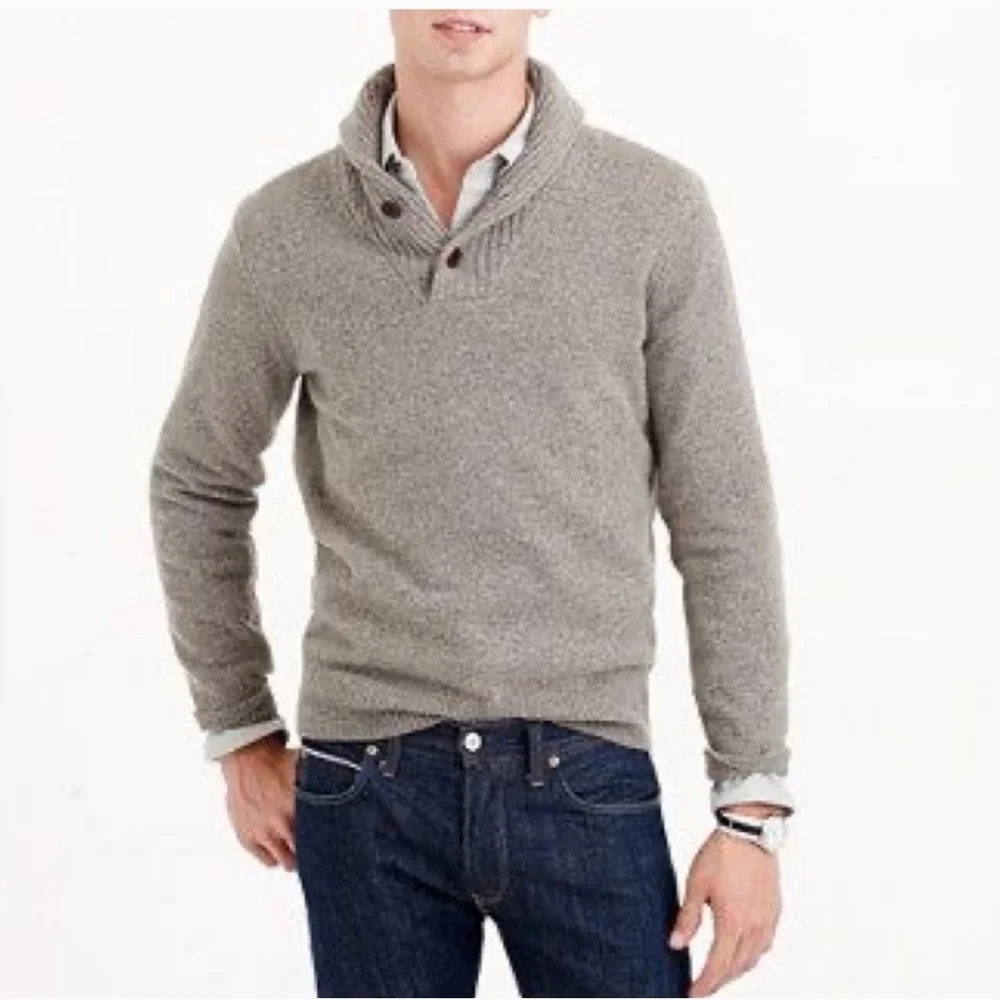 J.Crew Men's Lambswool Shawl-Collar Pullover Grandpacore Sweater Oatmeal Medium